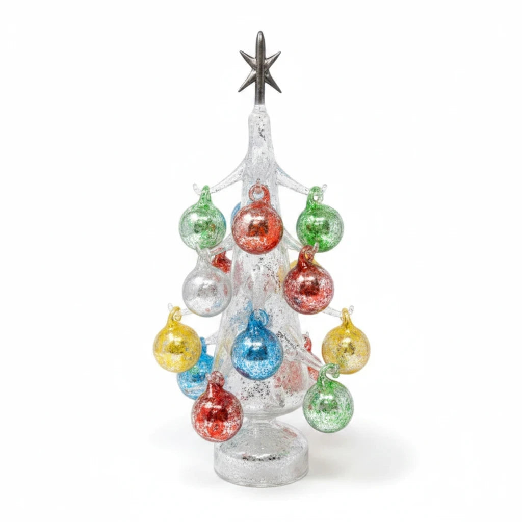 Mellow Monkey 13-inch silver glass LED Christmas tree decorated with colorful glittery ornaments and a star topper.
