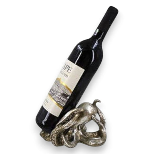 Mellow Monkey silver octopus wine bottle holder made of poly resin with a coastal nautical design