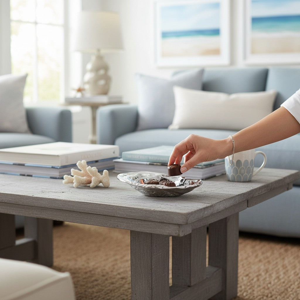 Mellow Monkey silver oyster-shaped bowl made of aluminum alloy, 6-3/4-in, ideal for serving or decor.