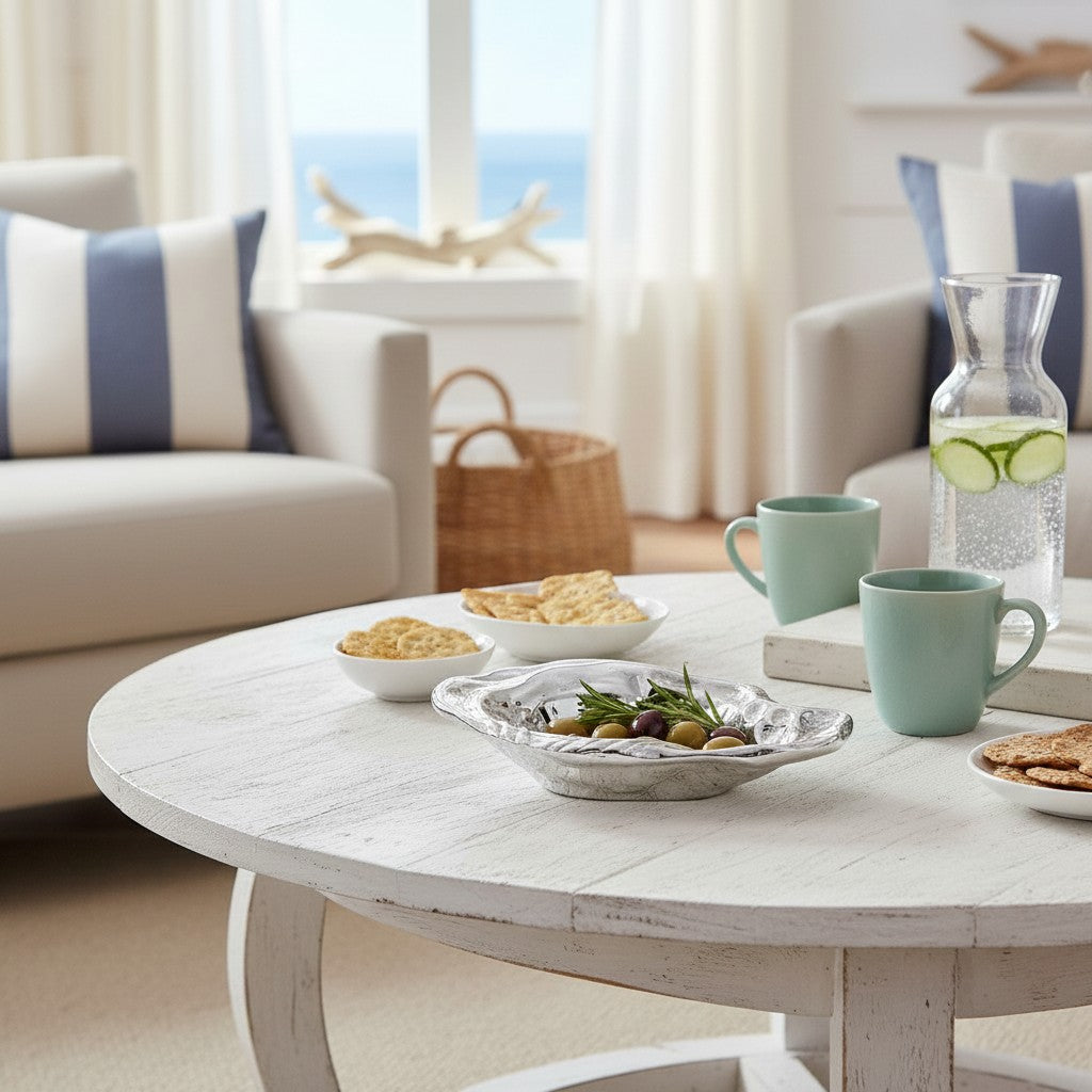 Mellow Monkey Beatriz Ball silver oyster bowl with olives and rosemary on a white coffee table.