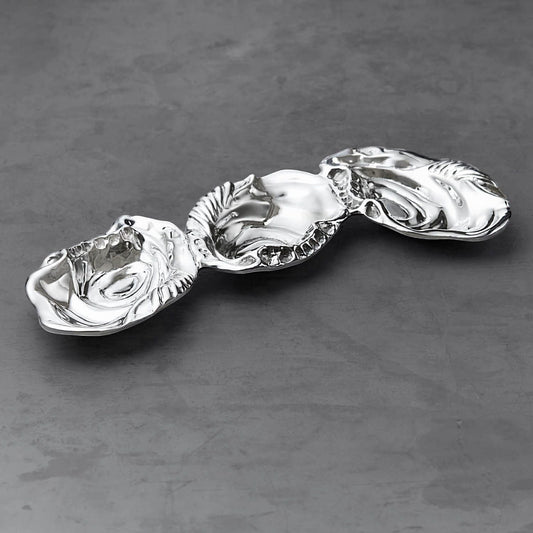 Mellow Monkey OCEAN Oyster Triple Dip serving dish in silver, shaped like three linked oyster shells with intricate detailing.