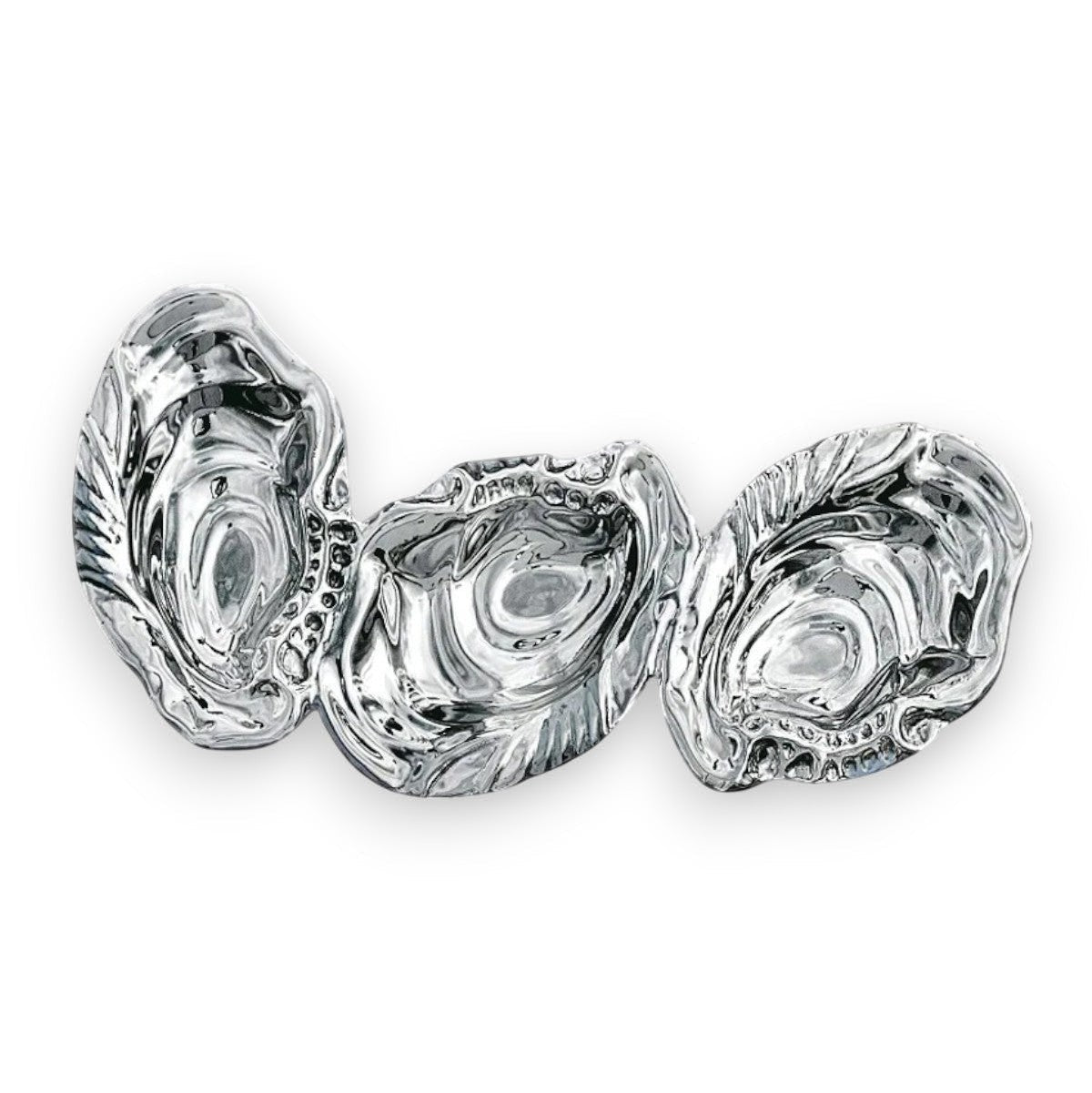 Mellow Monkey OCEAN Triple Oyster Dip serving dish in silver aluminum, shaped like three linked oyster shells.