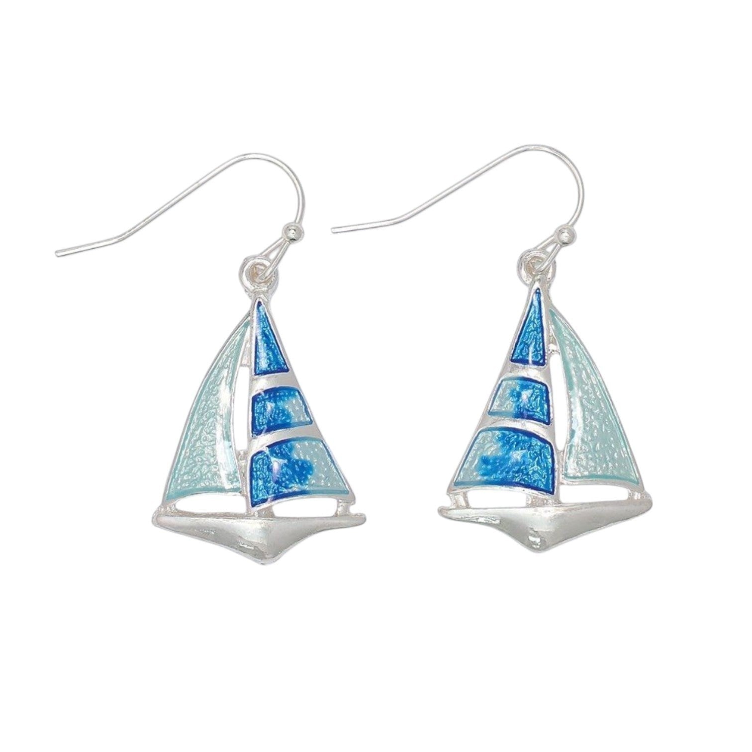 Mellow Monkey silver sailboat earrings featuring blue enamel detailing, perfect for a coastal or beachy style.