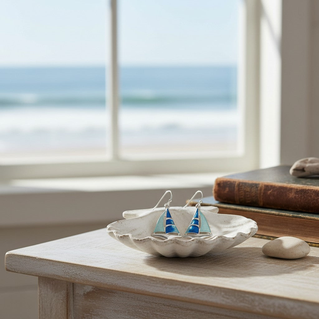 Mellow Monkey silver sailboat earrings with blue enamel, displayed in a white shell dish by a coastal window.