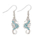 Mellow Monkey silver seahorse earrings featuring sparkling aqua crystals, nickel and lead-free coastal jewelry.