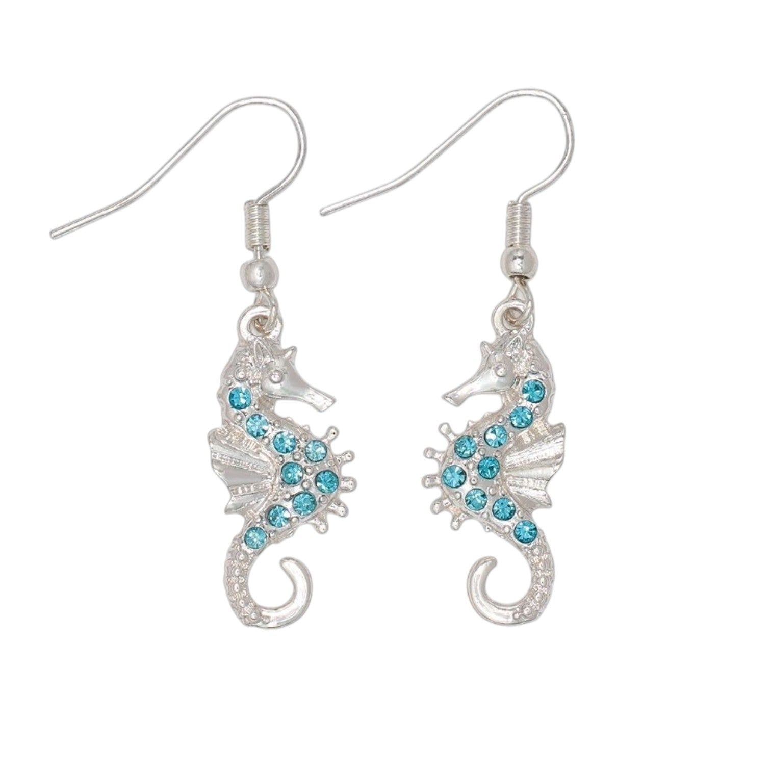 Mellow Monkey silver seahorse earrings featuring sparkling aqua crystals, nickel and lead-free coastal jewelry.