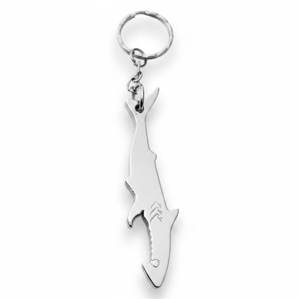 Mellow Monkey silver aluminum shark-shaped bottle opener keychain on a white background