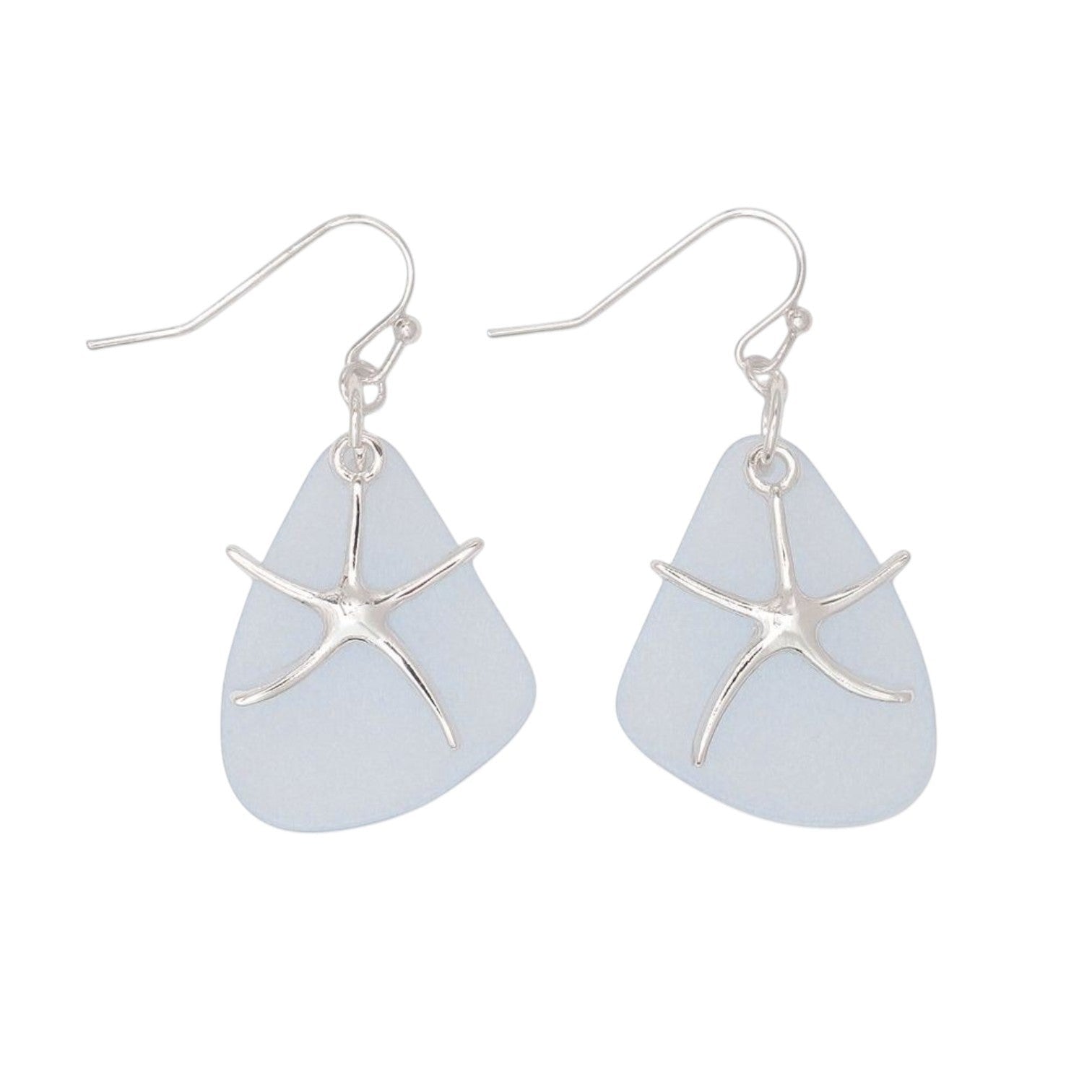Mellow Monkey silver starfish and light blue sea glass drop earrings for a coastal beachy look.
