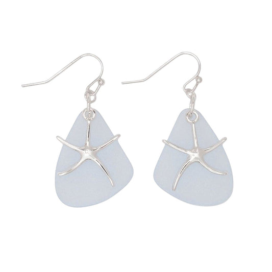 Mellow Monkey silver starfish and light blue sea glass drop earrings for a coastal beachy look.