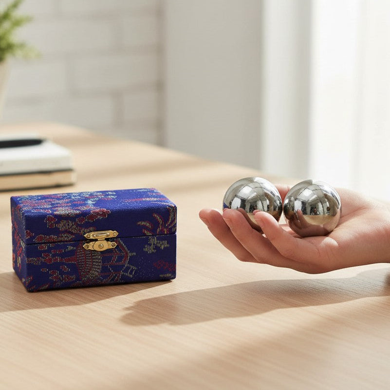 Mellow Monkey Silver Therapy Balls with ornate blue storage box. Shiny spheres for stress relief and hand exercise.