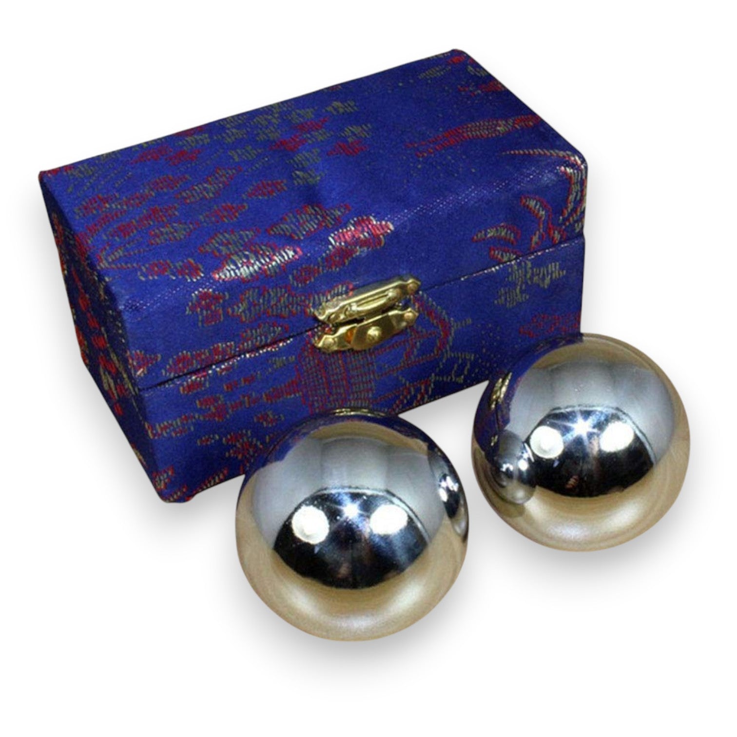 Mellow Monkey Silver Therapy Balls in a blue patterned box. Shiny spheres for stress relief and meditation.
