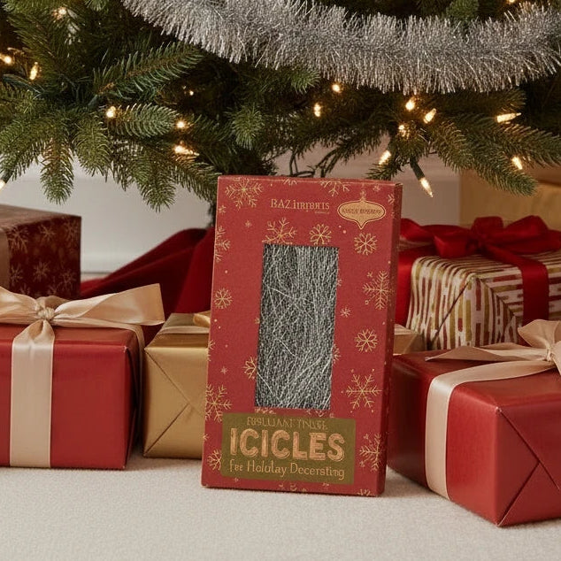 Mellow Monkey silver tinsel strands in a red box displayed under a decorated Christmas tree with wrapped gifts.