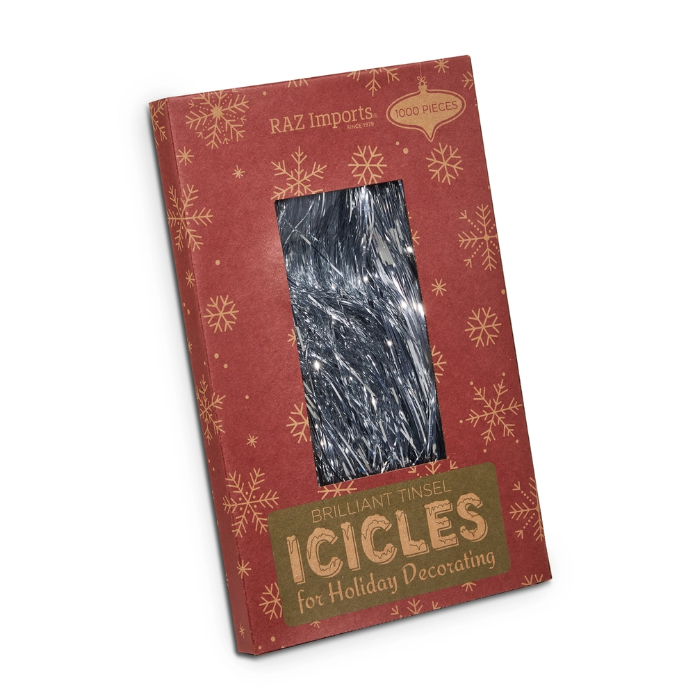 Mellow Monkey silver tinsel icicle strands in a decorative red holiday box with snowflake patterns