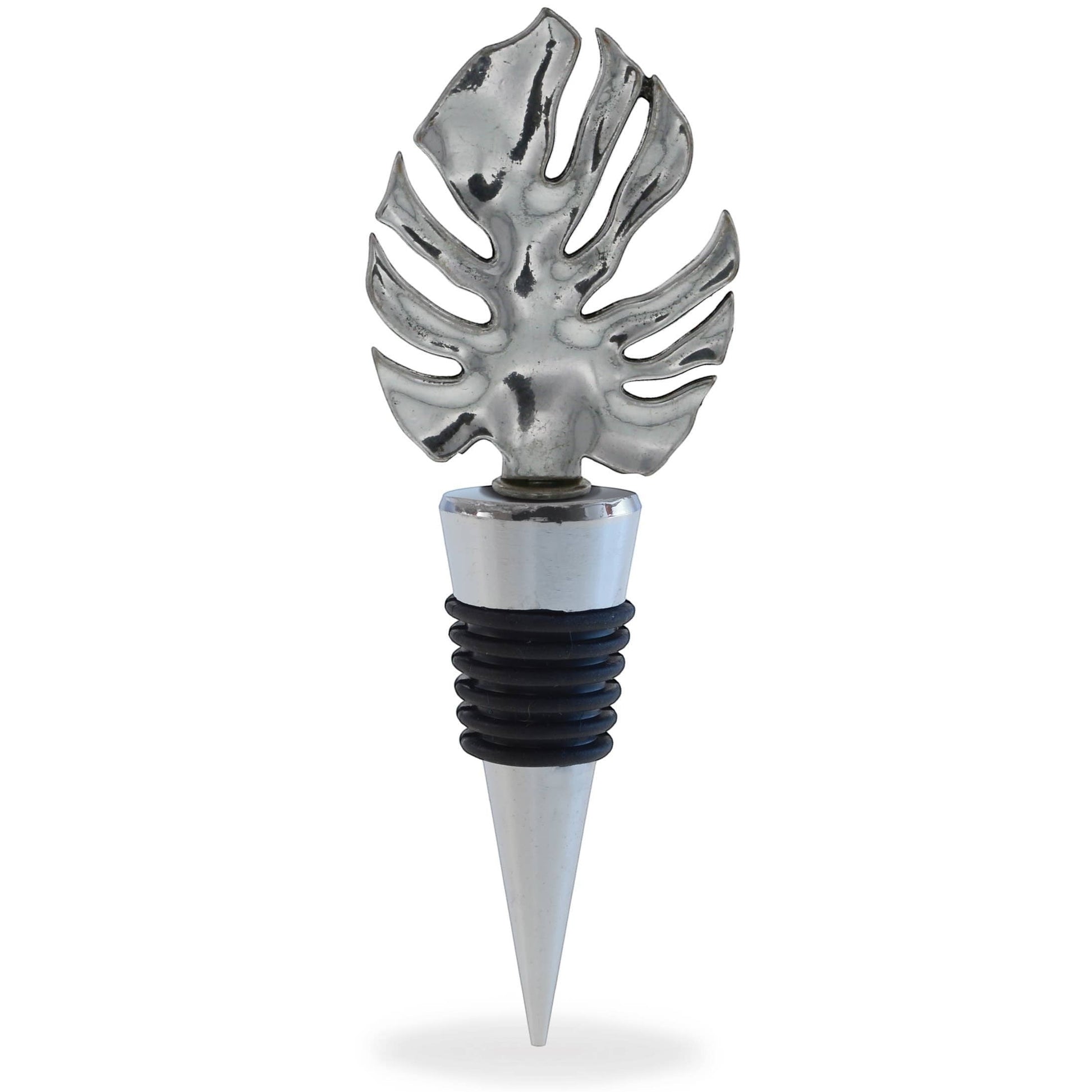 Mellow Monkey silver metal wine stopper featuring a detailed tropical monstera leaf design with a black rubber seal.