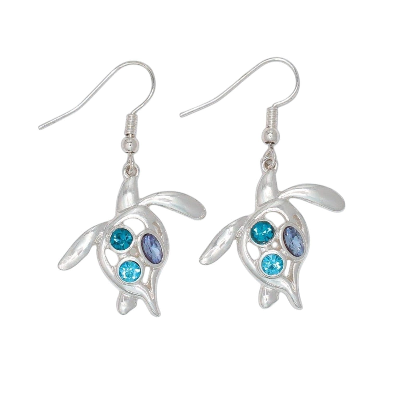 Mellow Monkey silver turtle earrings featuring blue and purple crystal accents for a coastal beachy style.