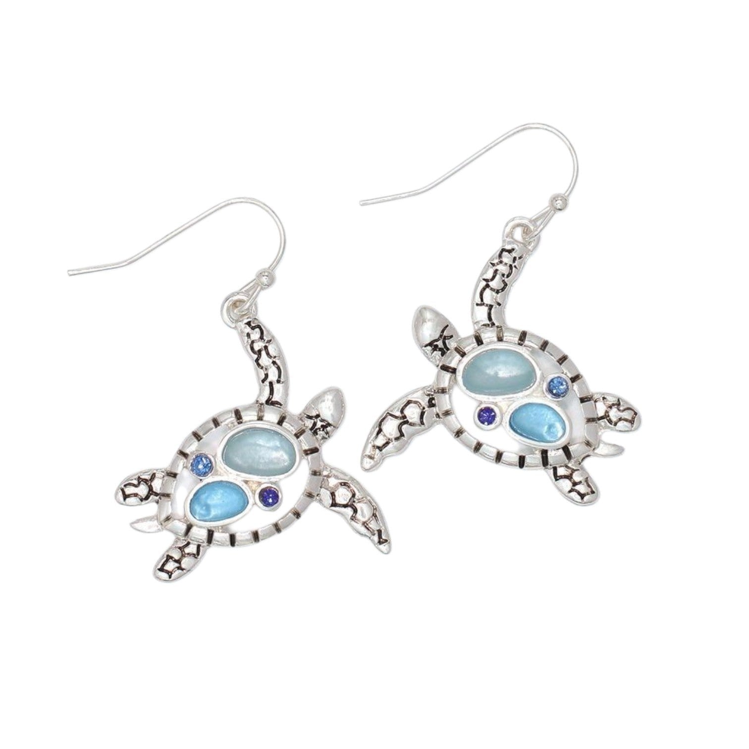 Mellow Monkey silver turtle earrings featuring blue stone inlays, perfect for coastal beach style jewelry.