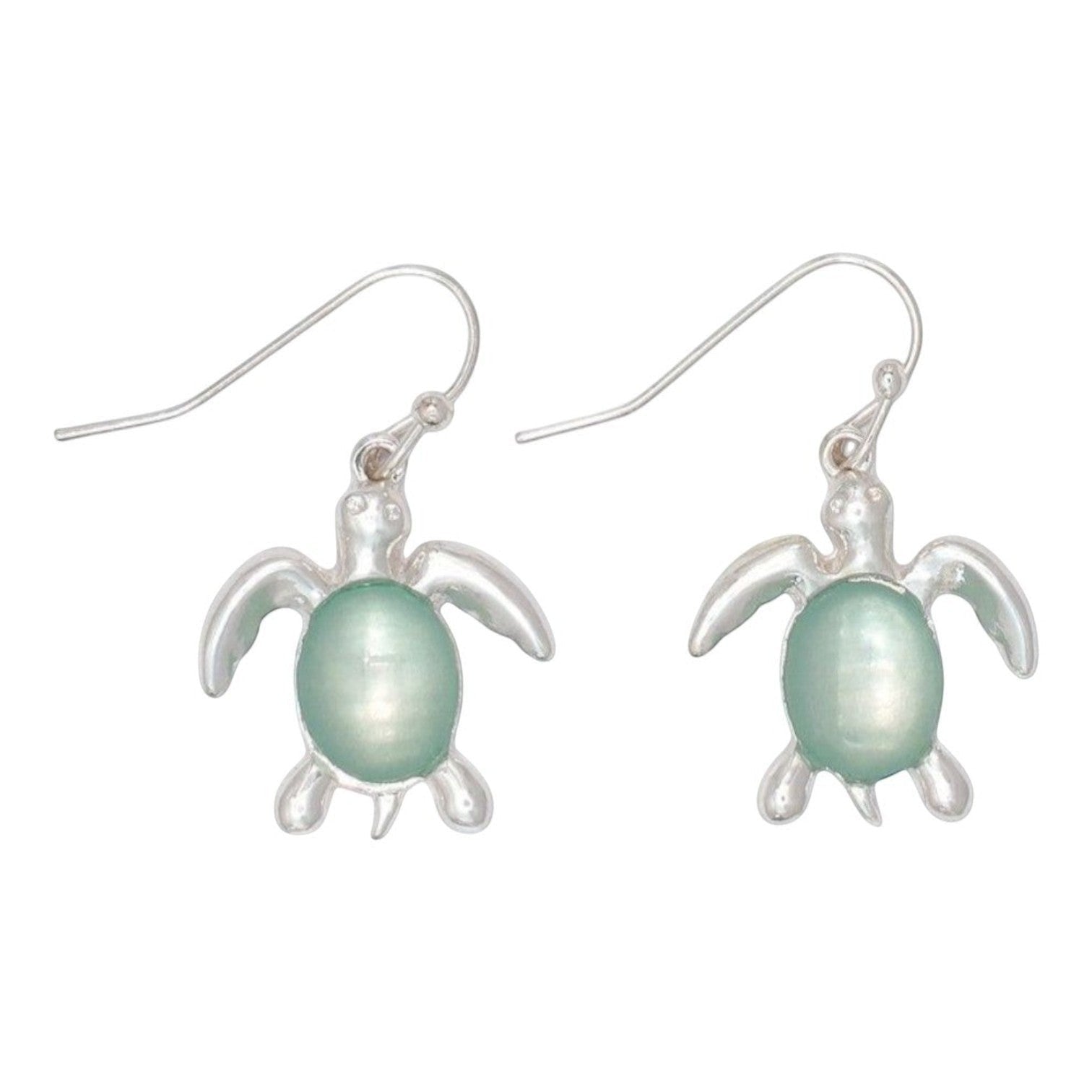 Mellow Monkey silver turtle earrings featuring a smooth mint green inlay on a white background.