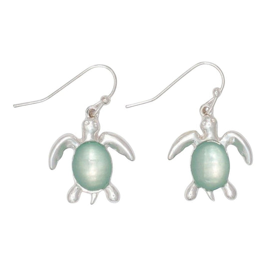 Mellow Monkey silver turtle earrings featuring a smooth mint green inlay on a white background.