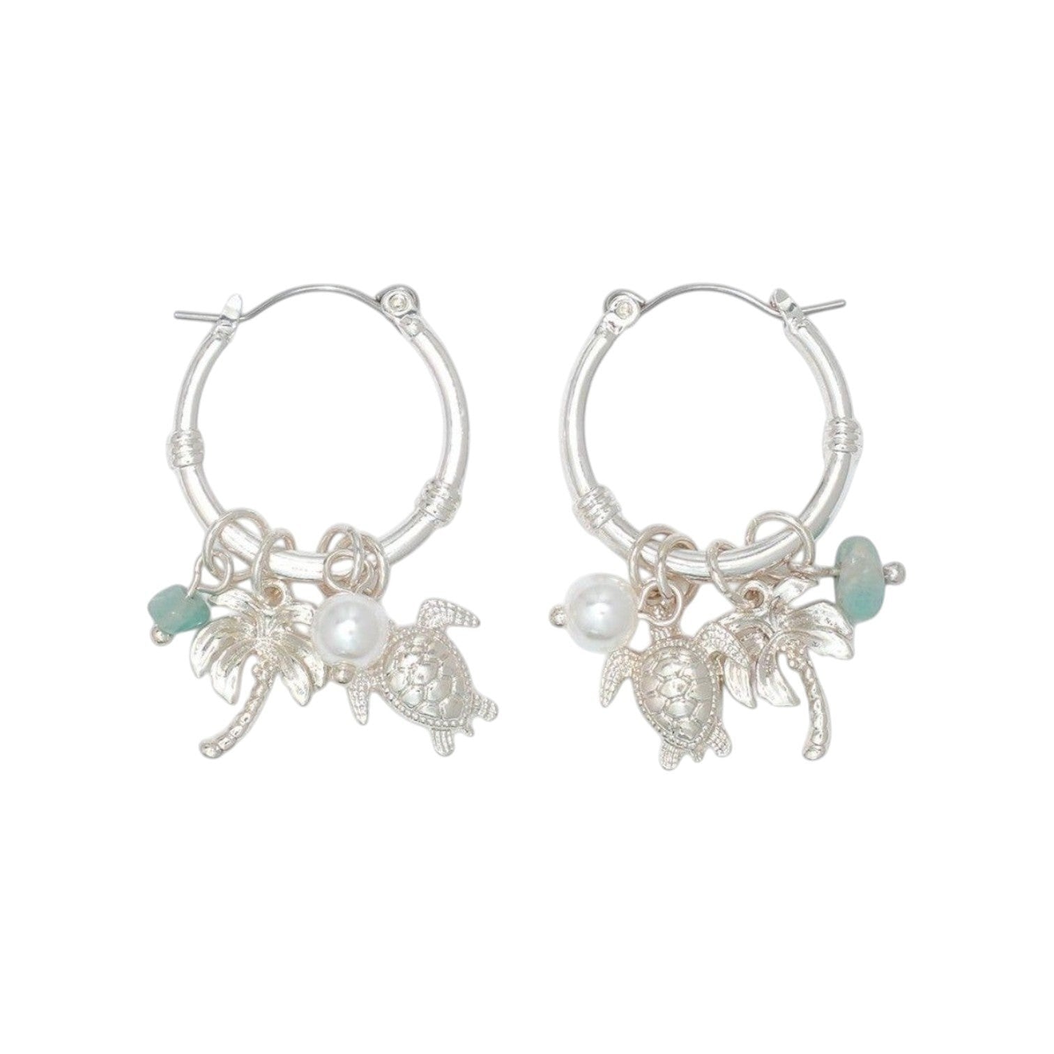Mellow Monkey silver hoop earrings featuring dangling turtle, palm tree, and pearl charms for a coastal style.