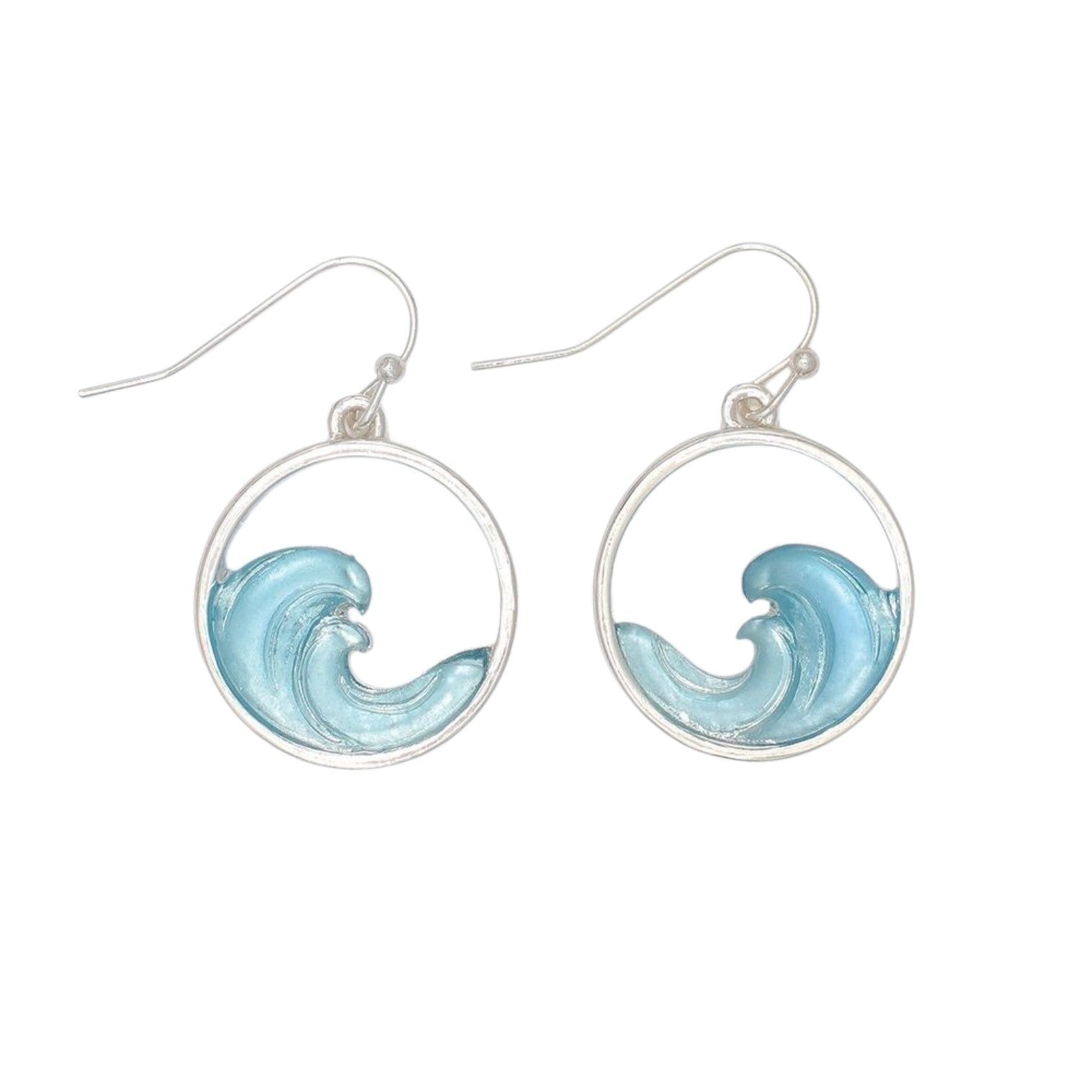 Mellow Monkey silver hoop earrings featuring a blue wave inlay, perfect for a coastal beachy style.