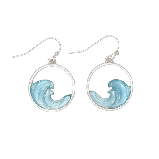 Mellow Monkey silver hoop earrings featuring a blue wave inlay, perfect for a coastal beachy style.