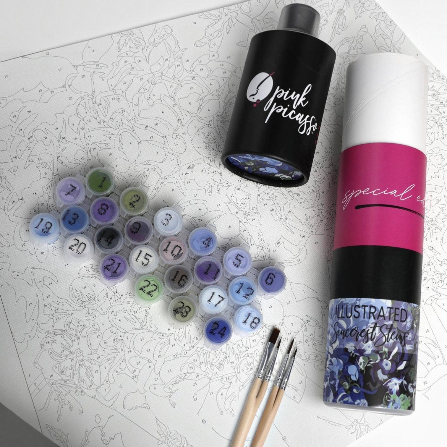Mellow Monkey Sincerest Stems paint by number kit with pre-numbered canvas, acrylic paint pots, and brushes.
