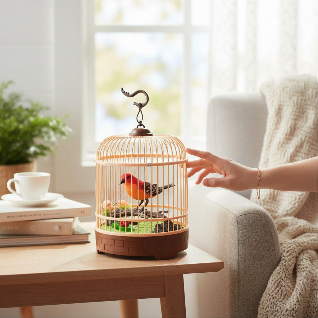 Mellow Monkey motion-activated red and orange singing bird in a decorative cage on a wooden table