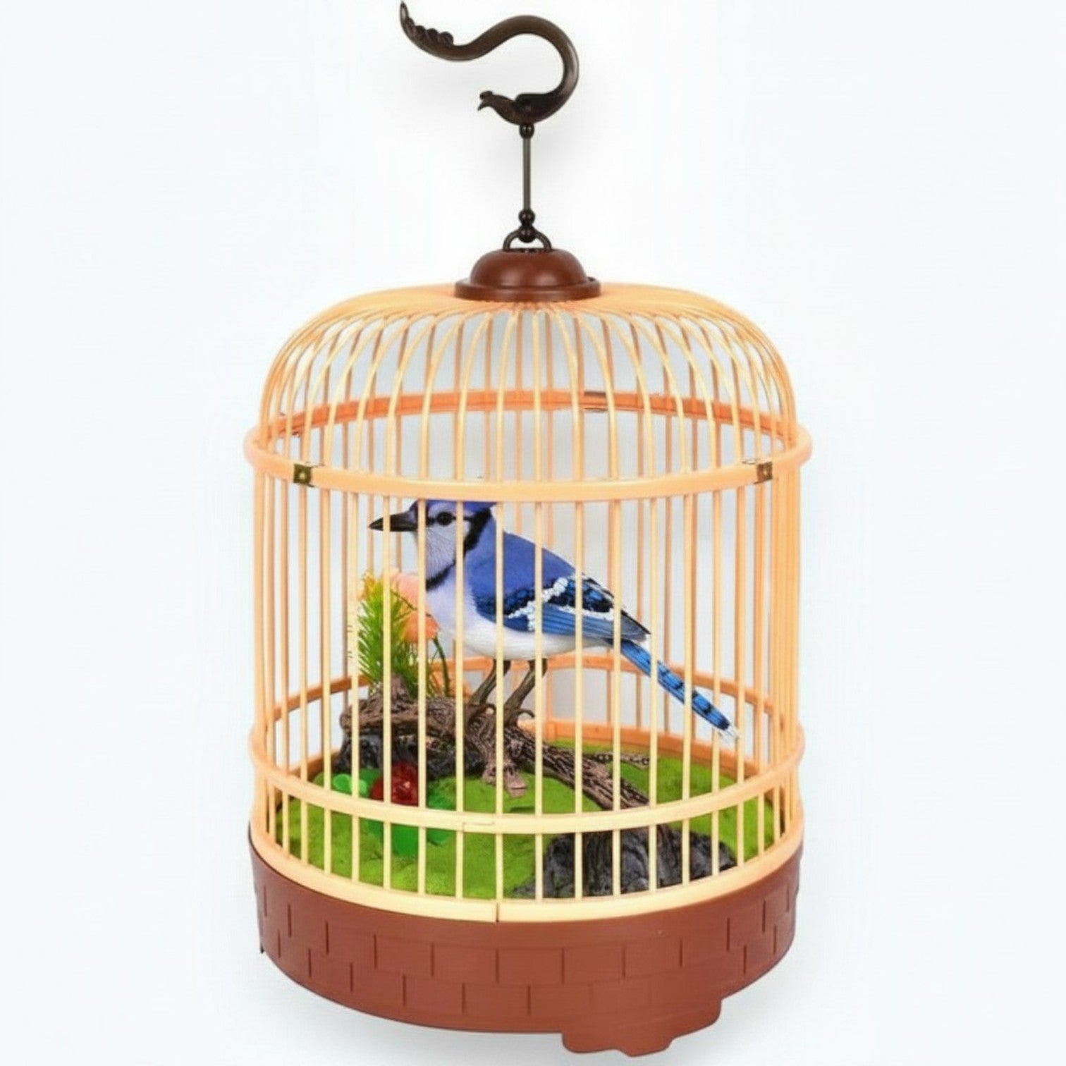 Mellow Monkey motion-activated blue and white singing bird toy inside a decorative hanging cage