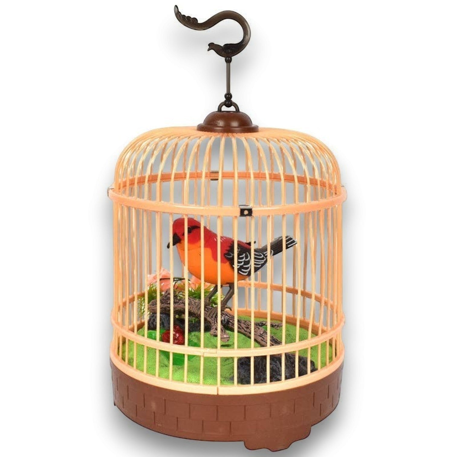 Mellow Monkey sound-activated singing bird toy in a decorative plastic cage with a red bird on a branch