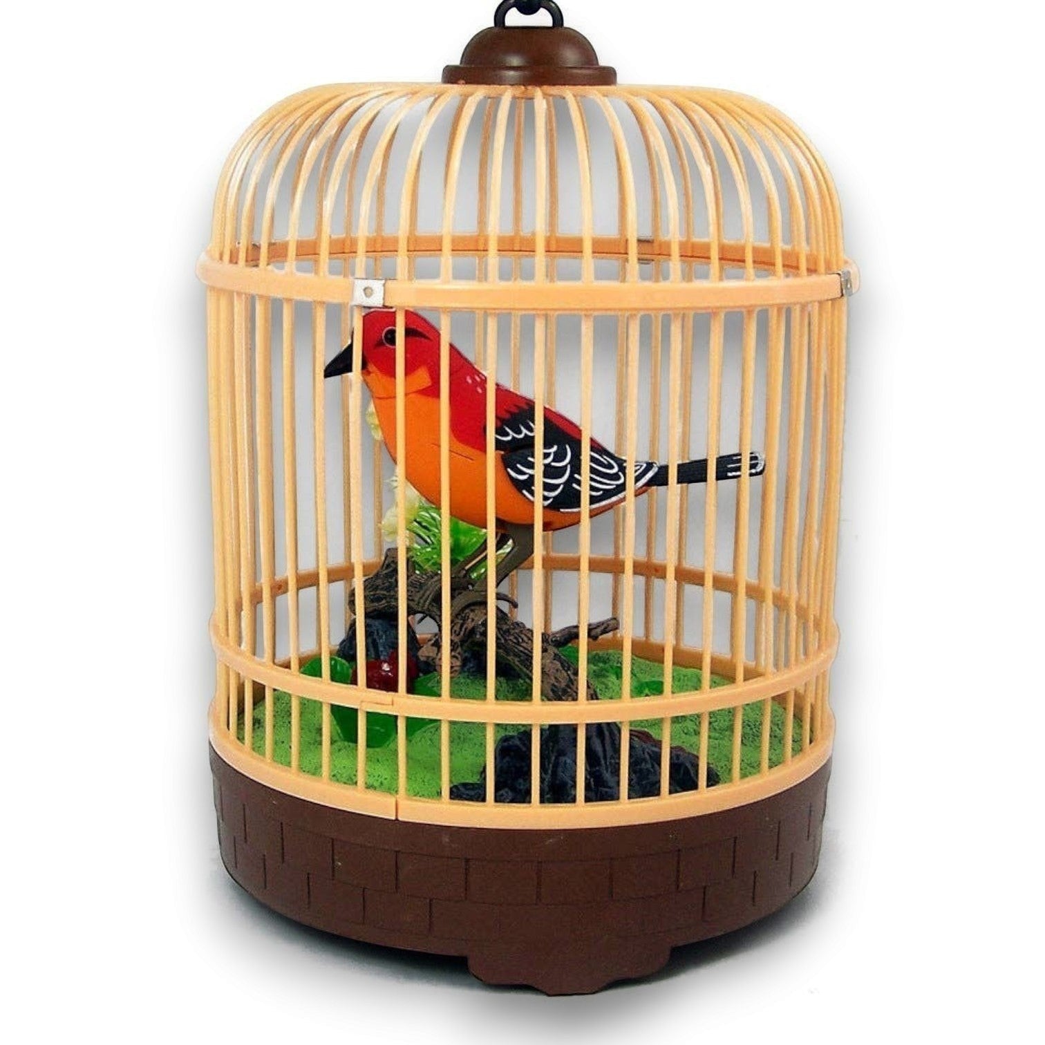 Mellow Monkey sound-activated singing bird toy in a decorative plastic cage with a bright orange and black bird