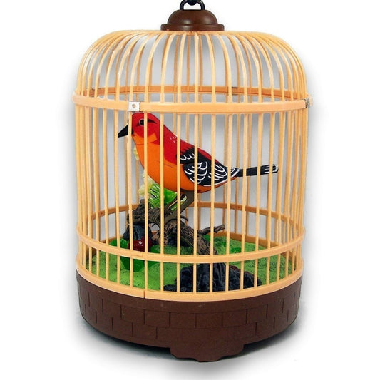 Mellow Monkey sound-activated singing bird toy in a decorative plastic cage with a bright orange and black bird