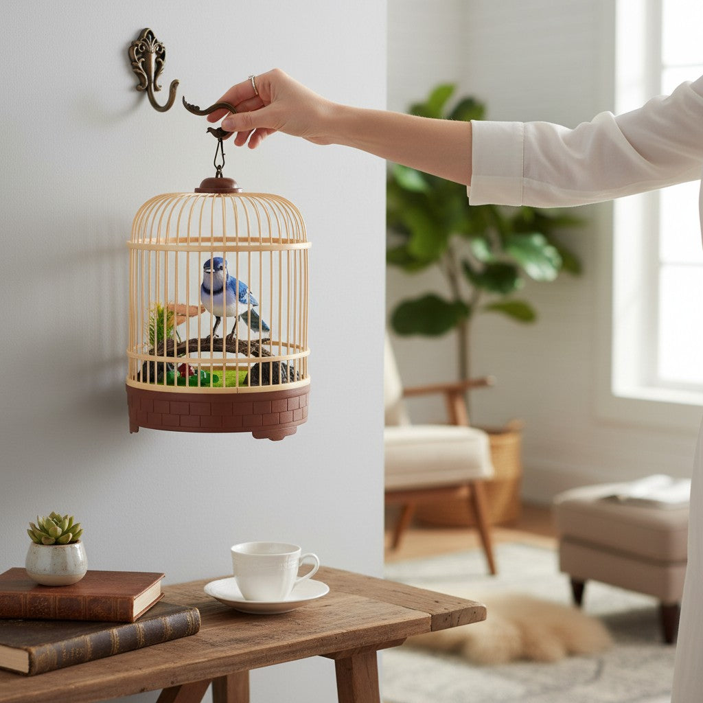 Mellow Monkey motion-activated blue and white singing bird in a decorative cage hanging on a wall hook.