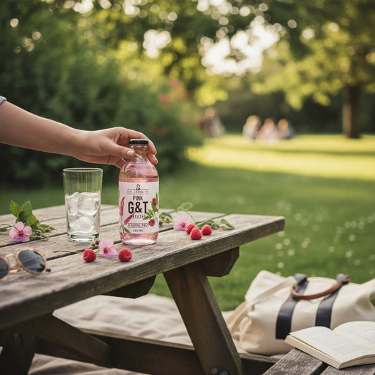 Mellow Monkey Sir. James 101 alcohol-free pink gin tonic bottle on a wooden picnic table with raspberries and ice.