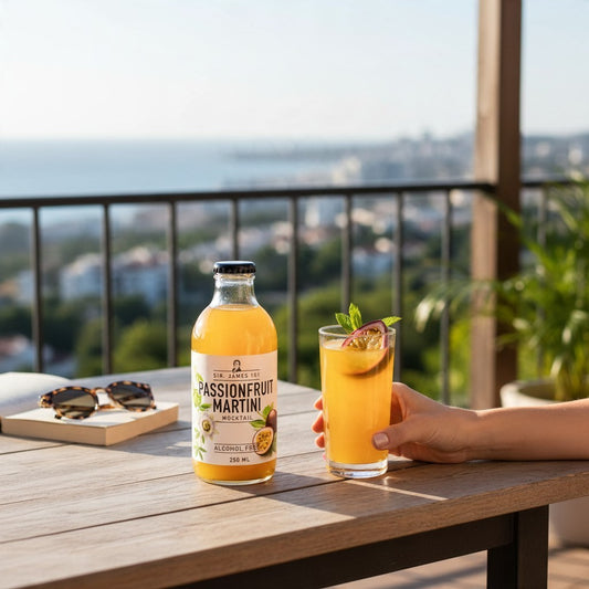 Mellow Monkey Sir. James 101 alcohol-free passion fruit martini bottle and glass on a sunny balcony table