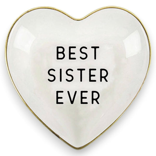 Mellow Monkey white ceramic heart trinket dish with gold trim, reads "Best Sister Ever" in black text. Perfect for jewelry.