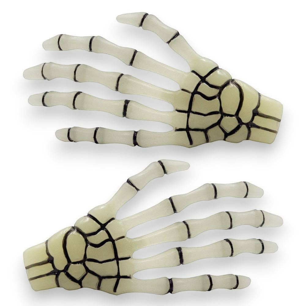 Mellow Monkey glow in the dark skeleton bone hand hairslides for a spooky goth hair accessory style.