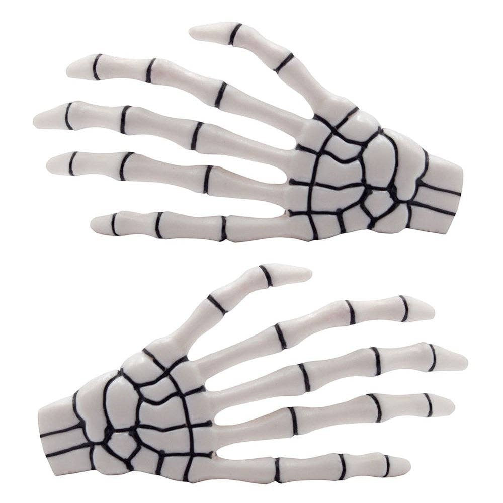 Mellow Monkey white skeleton bone hand hairslides with black detailing for gothic or Halloween hairstyles.