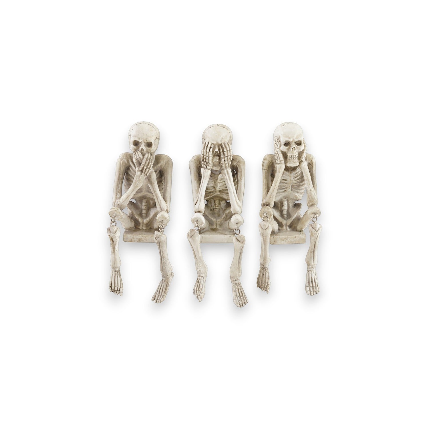 Mellow Monkey set of three resin skeleton shelf sitters in weathered bone finish posing as see, hear, and speak no evil