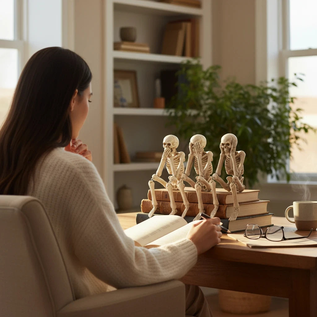 Mellow Monkey resin skeleton shelf sitters in see, hear, and speak no evil poses sitting on books at a desk
