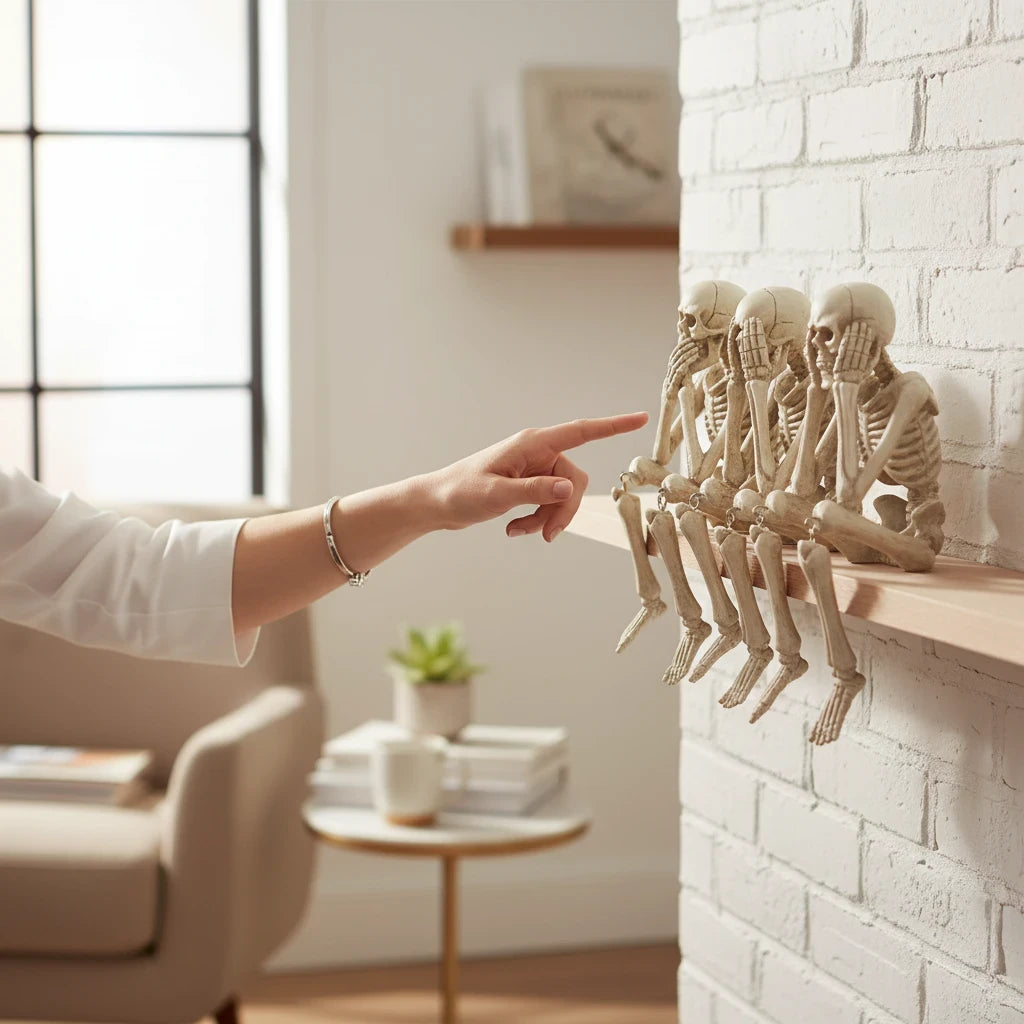 Mellow Monkey resin skeleton shelf sitters in bone finish posing as see, hear, and speak no evil on a wooden shelf.