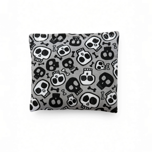 Mellow Monkey Mantra Beads sensory calm bag featuring a black and white skull pattern for quiet tactile fidgeting.