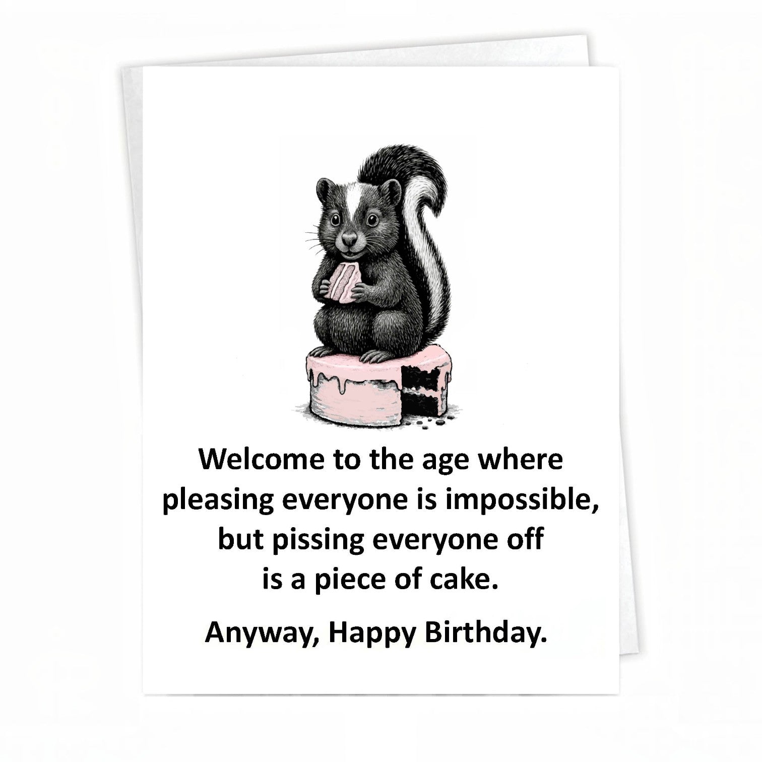 Mellow Monkey funny birthday card featuring a cute skunk eating a slice of pink cake on a white background