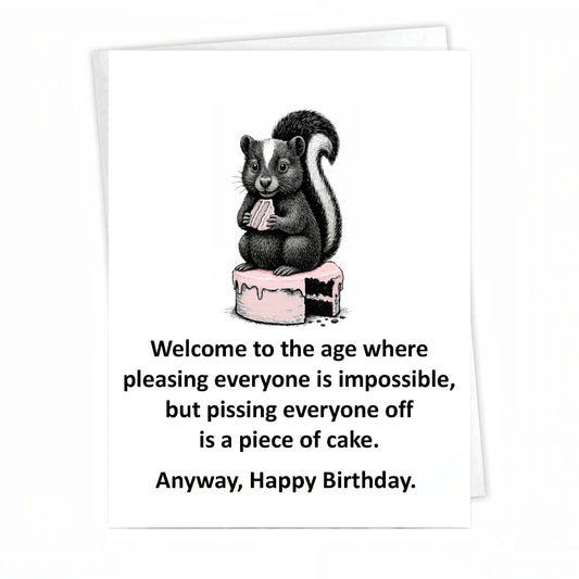 Mellow Monkey funny birthday card featuring a cute skunk eating a slice of pink cake on a white background