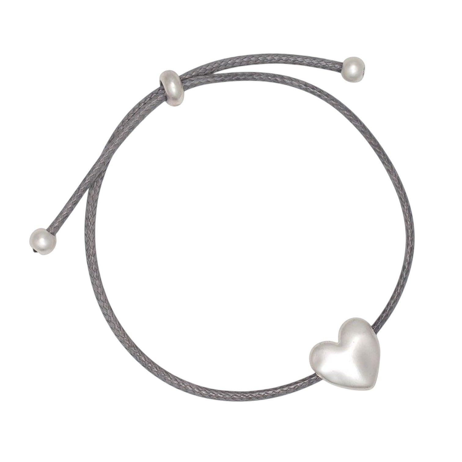 Mellow Monkey slate blue cord bracelet featuring a polished silver heart charm, nickel and lead-free coastal jewelry.