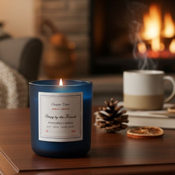 Mellow Monkey Sleepy by the Fireside candle in a midnight blue glass jar on a wooden table by a cozy fireplace.