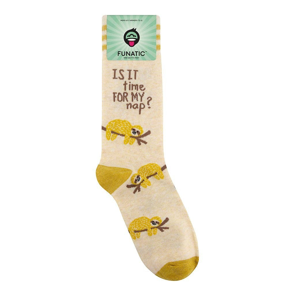 Mellow Monkey pale yellow crew socks featuring sloth illustrations and the text Is It Time For My Nap?