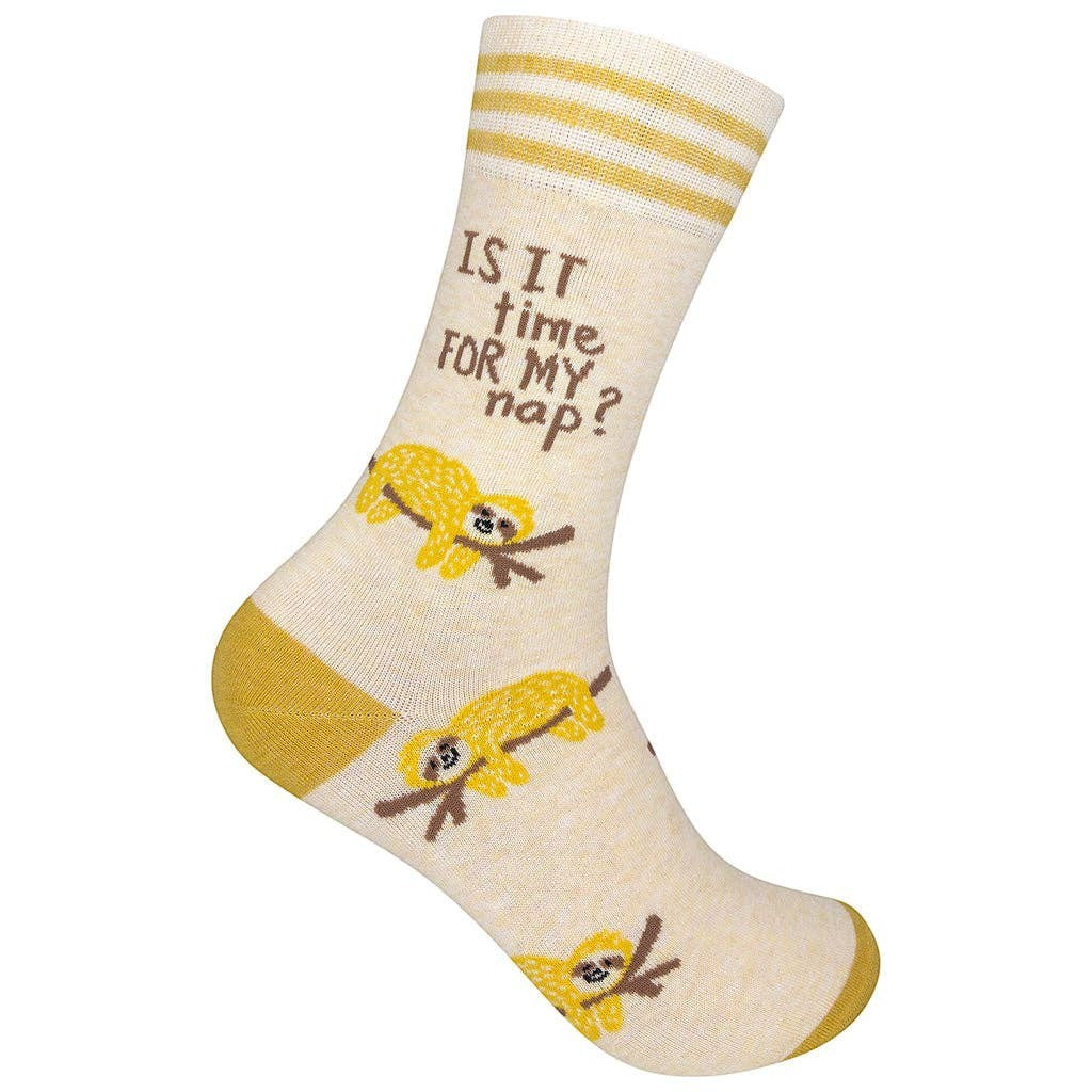 Mellow Monkey pale yellow crew socks featuring sloth illustrations and the text Is It Time For My Nap?