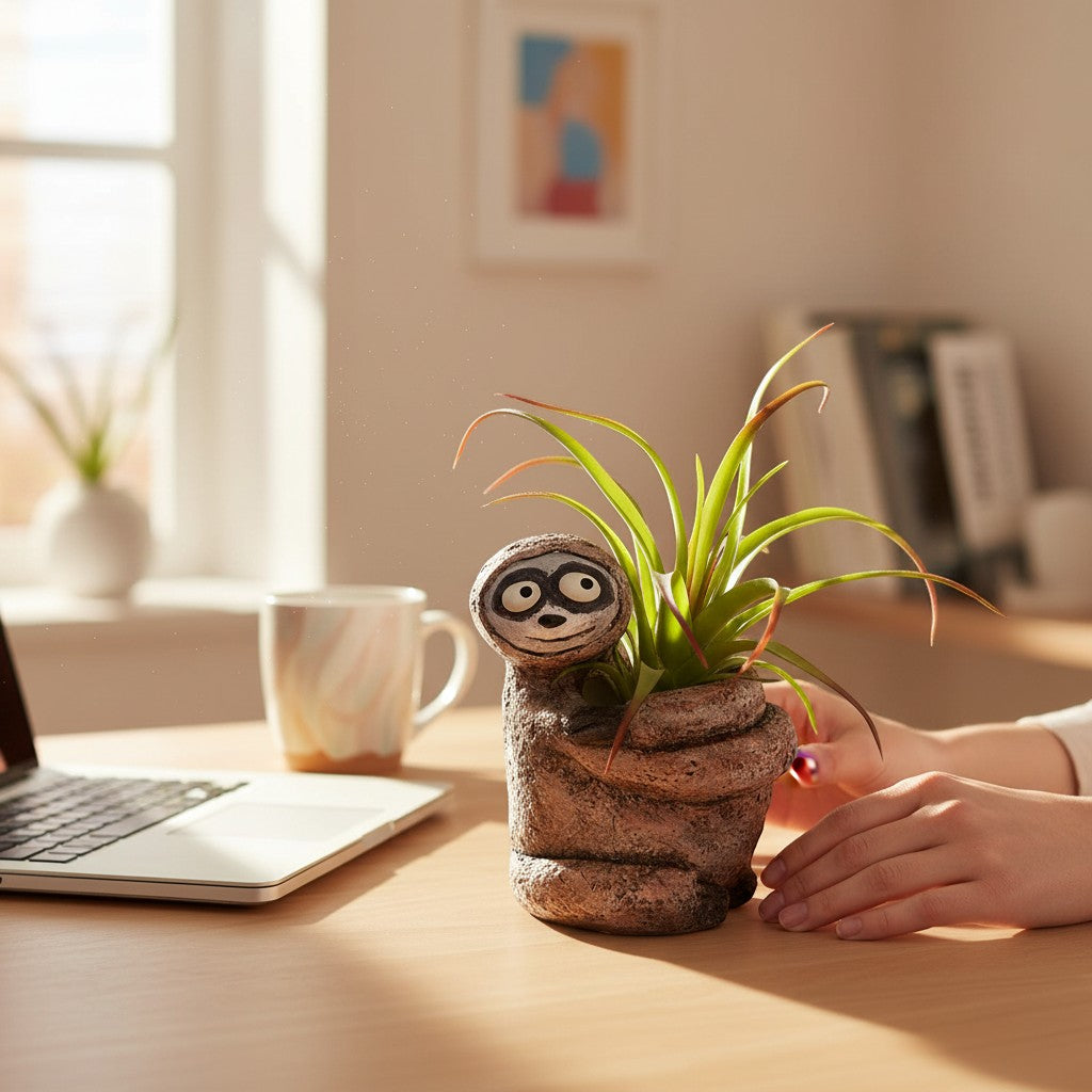 Mellow Monkey Sitting Sloth Blobhouse Planter - Bodhi, handcrafted poly-resin, brown, for small plants or succulents.