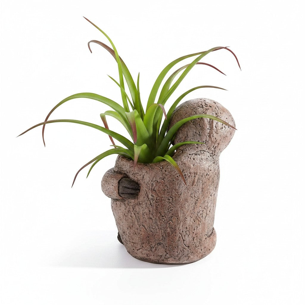 Mellow Monkey Sitting Sloth Blobhouse Planter - Bodhi, a charming poly-resin planter with a textured brown finish, holding a small green plant.
