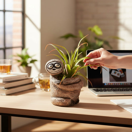 Mellow Monkey Sitting Sloth Blobhouse Planter - Bodhi, a charming poly-resin planter with a sloth design, holding a small plant.